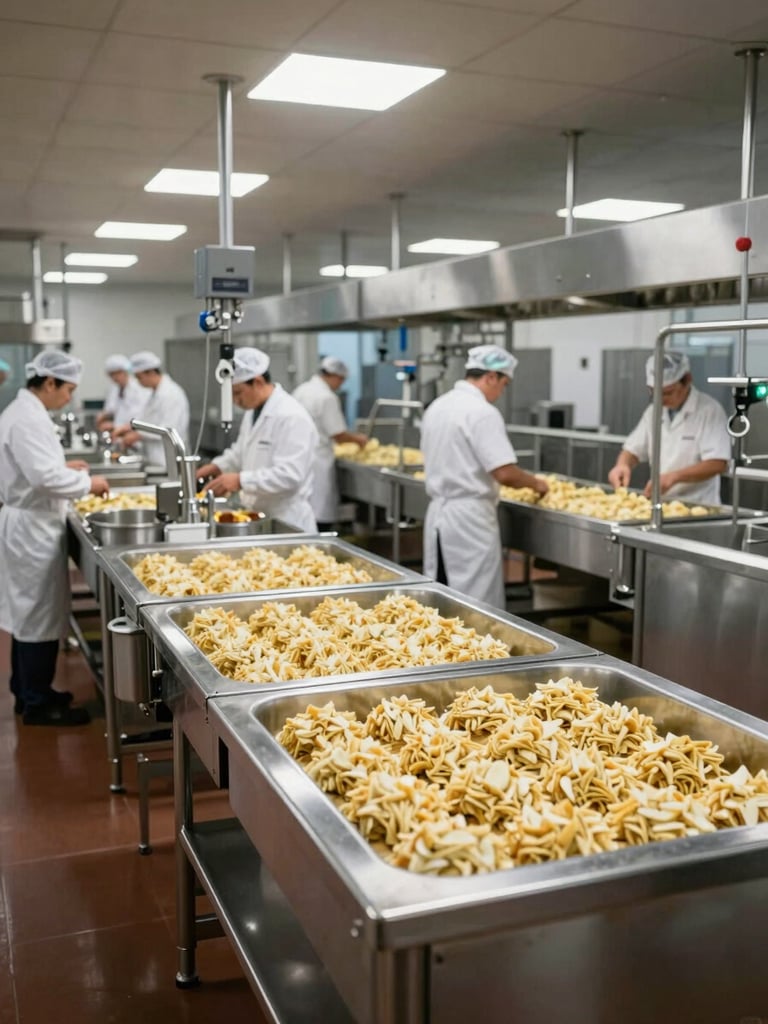 Wide environmental shot of a large-scale industrial food production kitchen, stainless steel prep stations and overhead lighting, uniformed workers at assembly line in background, overhead framing emphasizing order and cleanliness