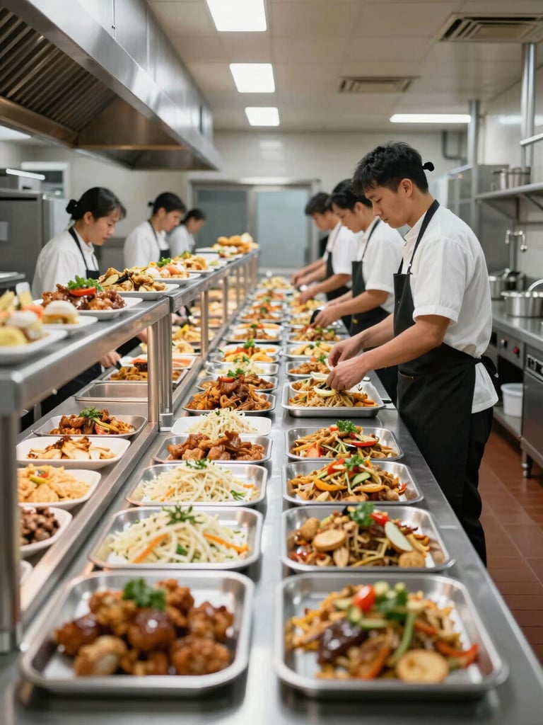 Wide environmental shot of a large industrial catering kitchen in full operation, uniformed staff moving along a hot-line service counter, trays of prepared food in organized rows under bright overhead lighting, stainless steel equipment throughout