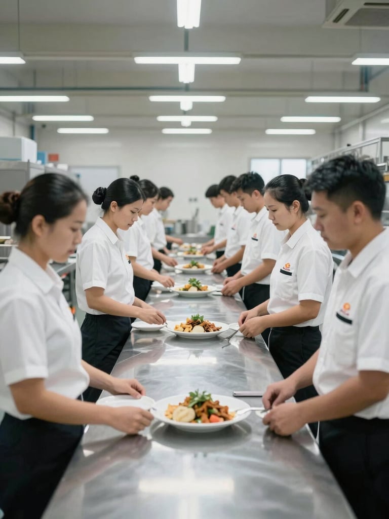 Wide shot of uniformed food service staff at an industrial site, workers in matching branded uniforms at a food service counter, bright facility lighting, organized workstations visible behind them, no faces as focal points