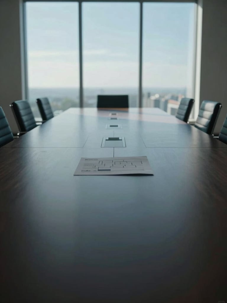 Wide environmental shot looking down a long conference table from the head position, cool north-facing daylight cutting across a dark surface, a single open organizational chart visible at the far end, no people, precise architectural proportions, extreme depth of field