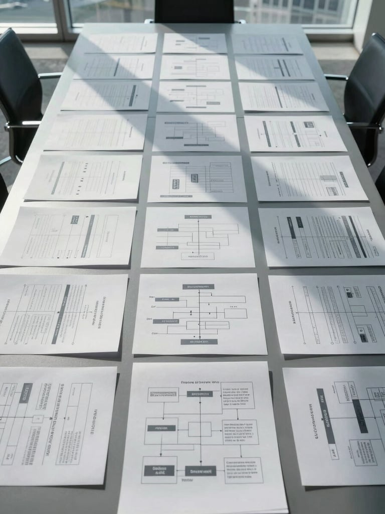 Wide environmental shot from above, a large conference table surface covered in precisely arranged process flow documents and structured organizational charts, cool north-facing daylight from tall windows casting clean shadows, no people, extreme order and deliberate spacing between each document group, matte surfaces only