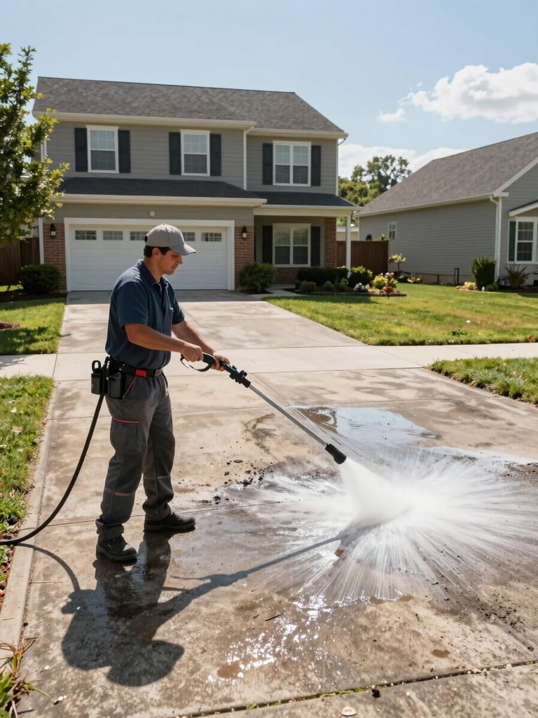 Wide residential exterior shot from left side, a professional cleaner pressure-washing a suburban Maryland home's driveway in bright clear daylight, concrete surface visibly transitioning from dark grime to clean white on the right half, equipment hose in frame, documentary framing