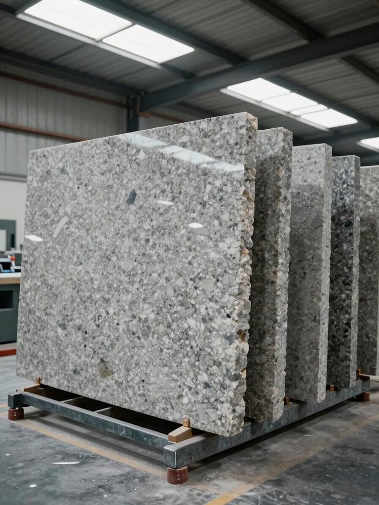 Wide workshop interior showing rows of granite and quartz slabs standing vertically in steel A-frames, north-facing skylights casting even cool light across the stone surfaces, fabrication equipment visible in the background, no people
