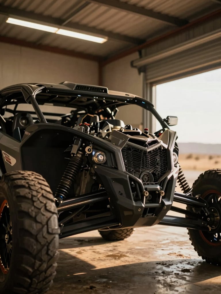 Close-up of a mechanic tuning a high-performance Can-Am Maverick engine in a clean, industrial showroom, high-contrast dramatic lighting.