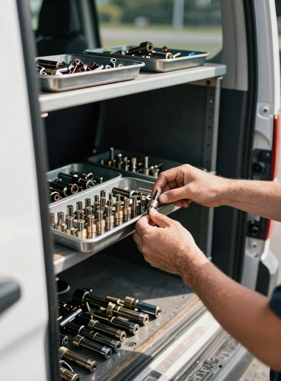 Technician's hands sorting through a metal tray of lock cylinders and small hardware parts on the back shelf of a service van, natural daylight streaming through the open van doors, tools visible in the foreground