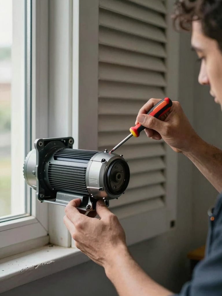 Technician's hands installing a replacement motor unit into a residential shutter housing, screwdriver in use, natural window light, raw concrete wall behind, no faces visible
