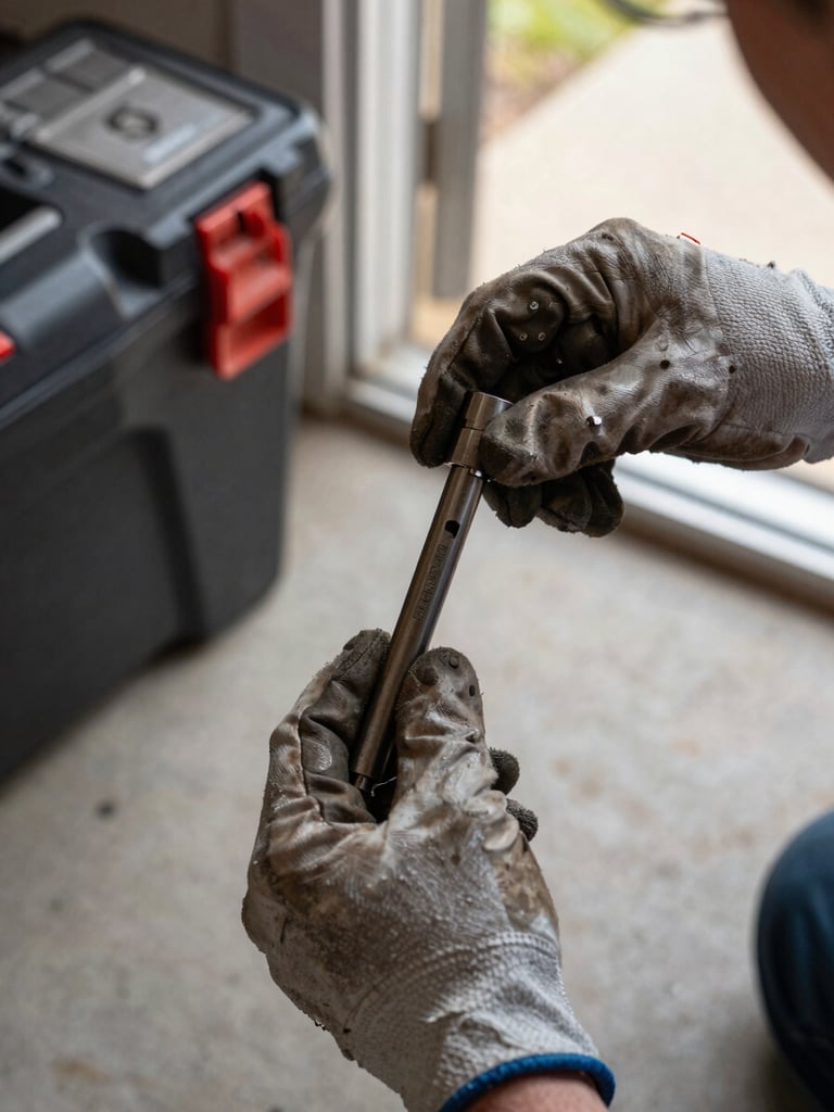 Tight framing of a technician's hands holding a worn lock cylinder next to an open toolbox on a doorstep, site daylight from the right, worn work gloves visible at the wrist