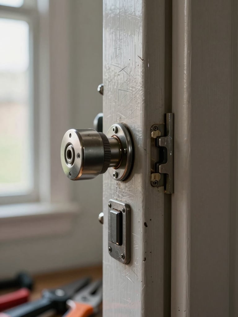 Close-up of a forced door cylinder, scratched metal housing partially pulled from the door face, natural daylight from a hallway window catching the damaged lock face, hand tools visible at the lower edge of the frame