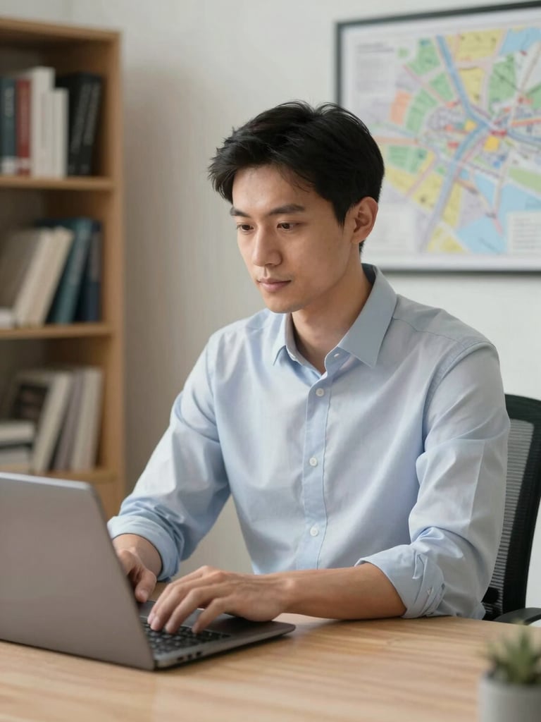 Close-medium shot, professional man in a collared shirt seated at a tidy office desk, hands resting on a laptop keyboard, bright neutral office lighting, bookshelves and a framed city map softly blurred behind him