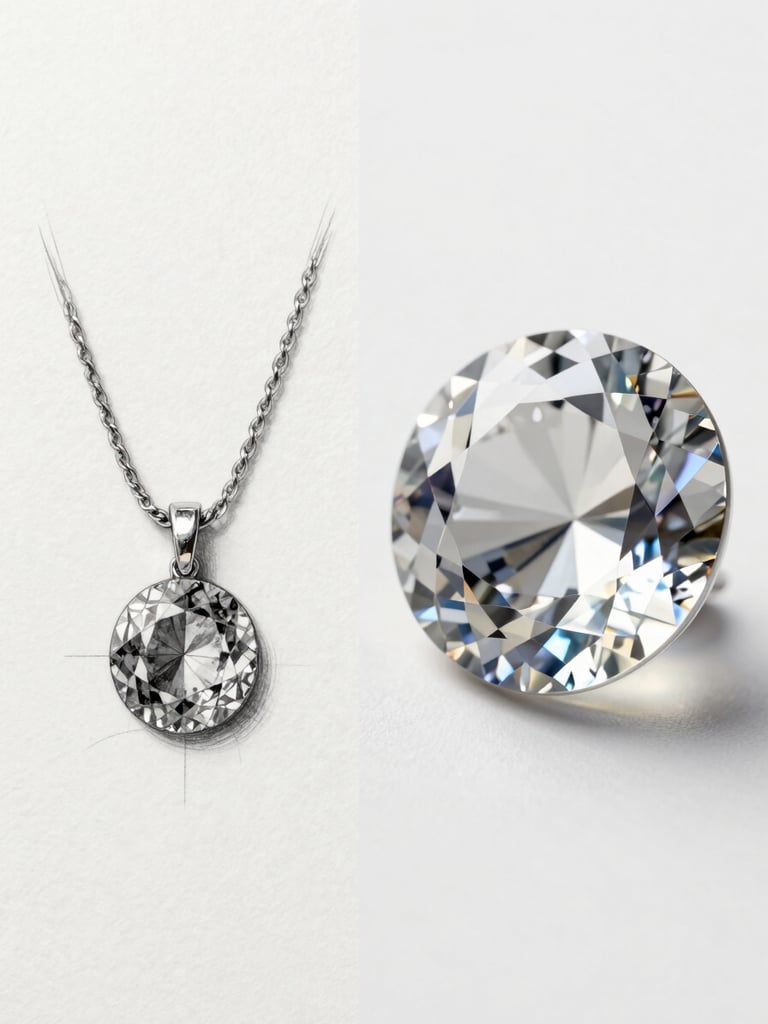 A split-screen presentation showing a graphite jewelry sketch on the left and a hyper-realistic 3D gemstone render on the right, soft diffused studio lighting, clean white background