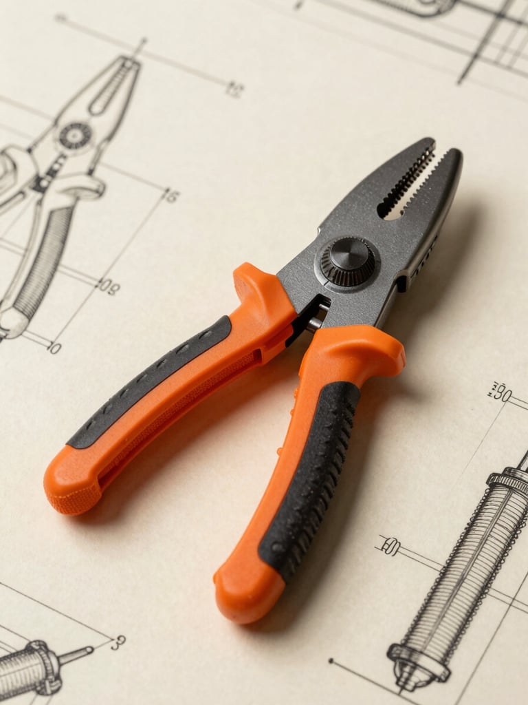 A high-contrast blueprint-style technical drawing of a toolkit on a warm cream background, clean lines, safety-orange accents, minimalist layout.