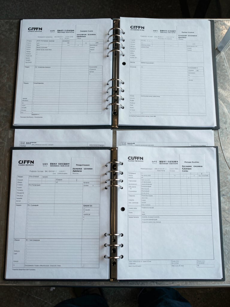 Overhead flat-lay on a metal desk: regulatory binders, printed customs declaration forms, batch-code labels, and a shipping manifest arranged in neat rows under cool diffused daylight, no people present