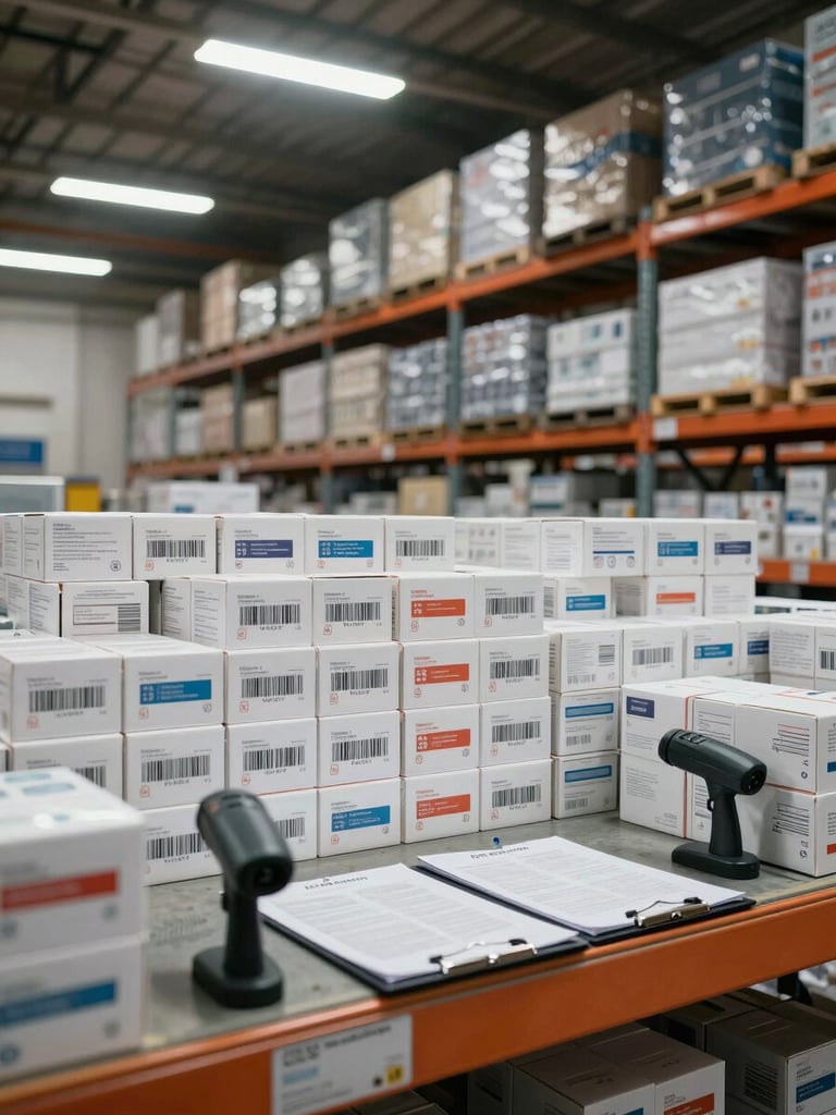 Wide-angle view of a logistics warehouse interior, rows of labeled pharmaceutical cartons stacked on industrial shelving under cool fluorescent light, barcode scanners and clipboards on a foreground shelf, no people visible