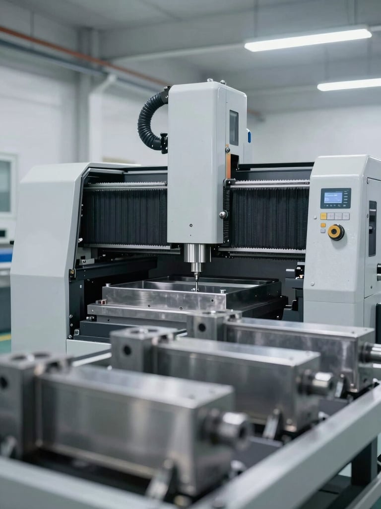 Wide environmental shot of a clean, brightly lit industrial manufacturing facility with CNC machinery, steel components in the foreground, 50mm