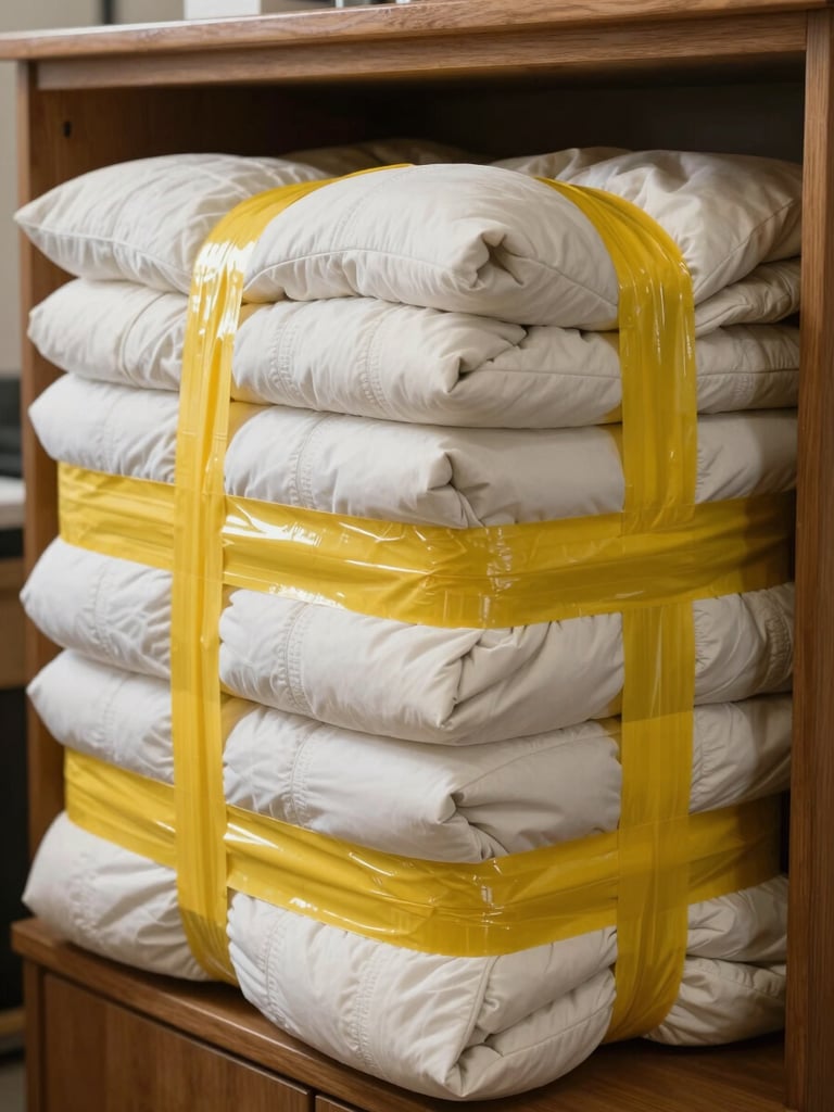 Close-up of thick quilted moving blankets tightly wrapped around a wooden cabinet, secured with heavy-duty yellow packing tape, high visibility lighting.