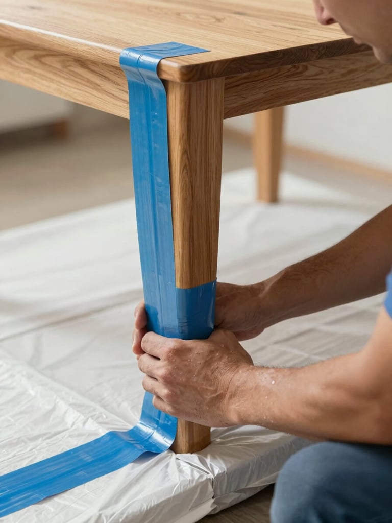 Close-up of a professional mover's hands wrapping a wooden table leg with thick protective moving blankets and heavy-duty blue tape, bright natural daylight, action shot.