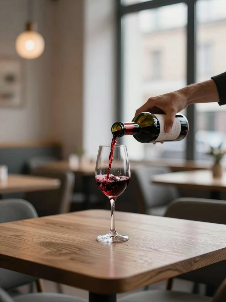 Cozy Scandinavian-style restaurant interior, soft diffused daylight, blurred hands pouring red wine into a glass, minimalist wooden table