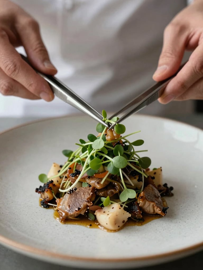 Close-up macro shot of a seasonal dish being plated, blurred chef hands using tweezers to place a microgreen, soft natural side lighting, textured ceramic plate