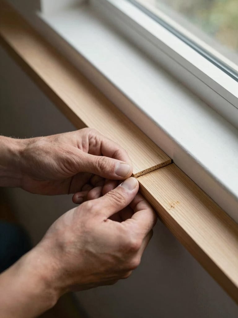 Close overhead shot of a carpenter's hands fitting a wainscoting panel rail into a primed wall channel, natural daylight from a nearby window raking across the wood edge and revealing the tight reveal gap, no tools in frame except fingertips pressing the joint flush, grain of the MDF rail visible