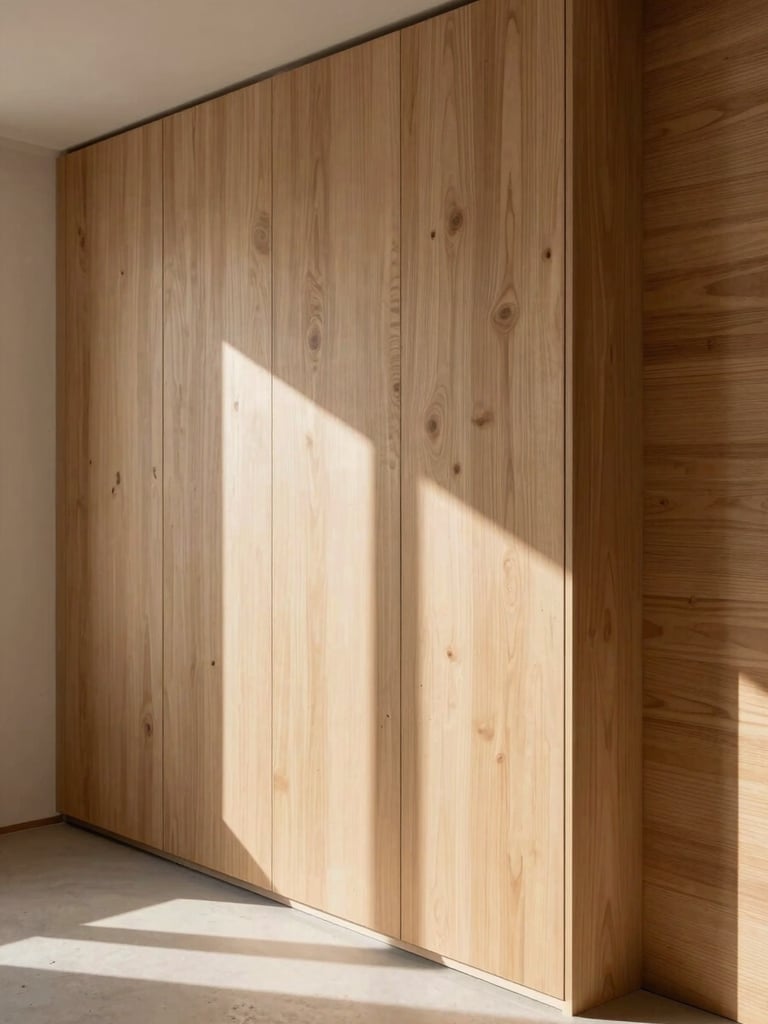 Close-in wide frame of a finished built-in millwork wall in an empty room, natural north-facing daylight raking across the wood grain, revealing edge profiles and hand-fitted reveal lines — no furniture, no people, subject is the joinery itself