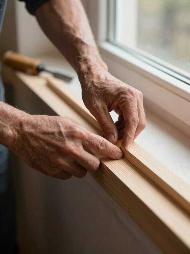 Close-up of a carpenter's hands pressing a moulding profile into a door frame, north-facing window light raking across the wood grain, chisel resting on the sill in soft focus behind
