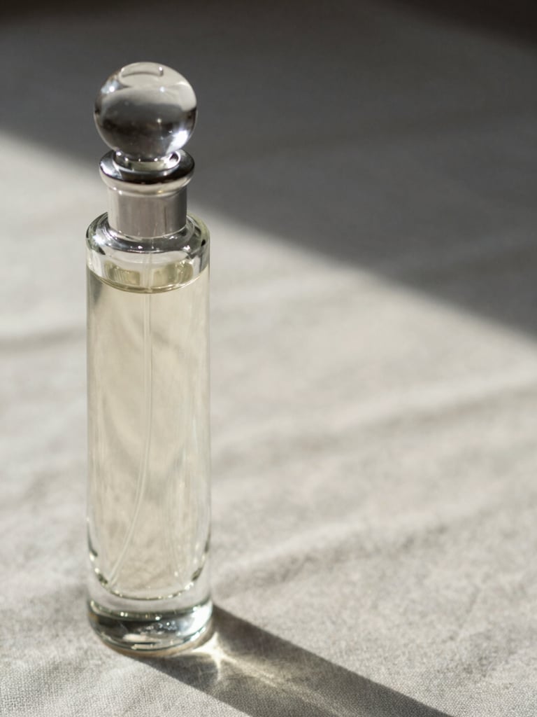 Extreme close-up of a slender glass perfume bottle resting on a pale linen surface, directional raking daylight from the left revealing the dimensional clarity of the glass stopper, generous negative space to the right, no hands, no props