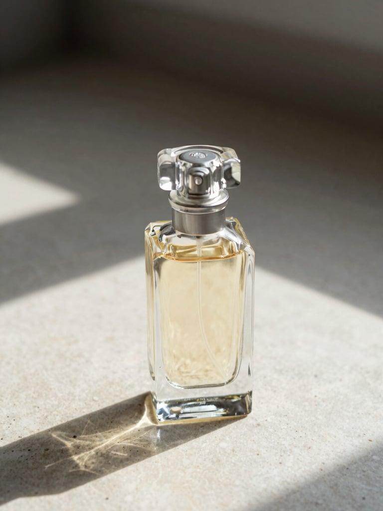 Extreme close-up of a single perfume bottle standing on a pale stone surface, raking directional light from the left casting a sharp shadow that traces the bottle's dimensional form, texture of the glass stopper in sharp focus, generous negative space above