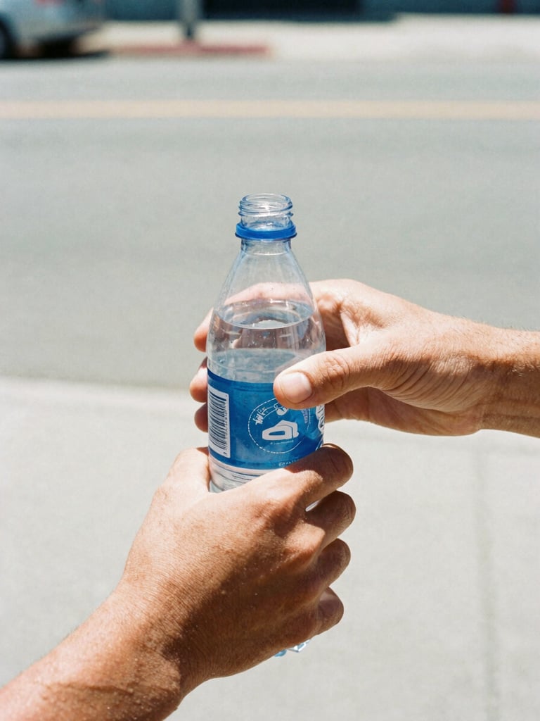 Close-up of hands handing a cold plastic bottle of water to another hand, harsh bright midday California sun, high contrast, raw documentary style, 35mm film grain