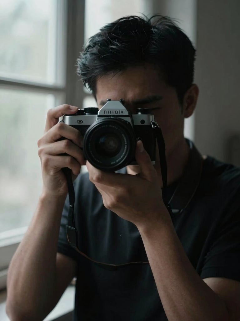 A moody, high-contrast portrait of a photographer holding a 35mm camera, half-shadowed face, natural window light, muted tones