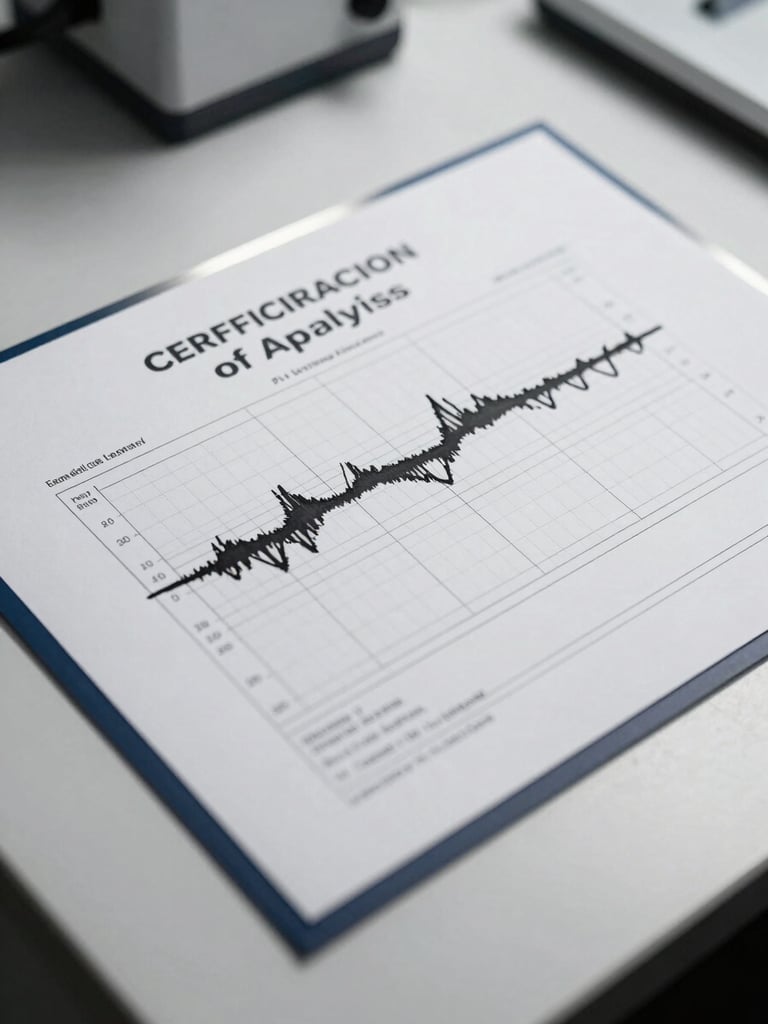 Overhead macro close-up of a printed Certificate of Analysis document laid flat on a white laboratory bench, an HPLC chromatogram graph visible in sharp focus, studio strobe lighting with hard shadows, high contrast monochrome with a single steel-blue accent line on the document border