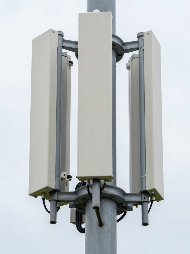 Tight technical close-up of antenna array hardware and mounting brackets on a macro cell tower, overcast daylight, Southeast United States, crisp equipment detail, no people, operational infrastructure in daylight