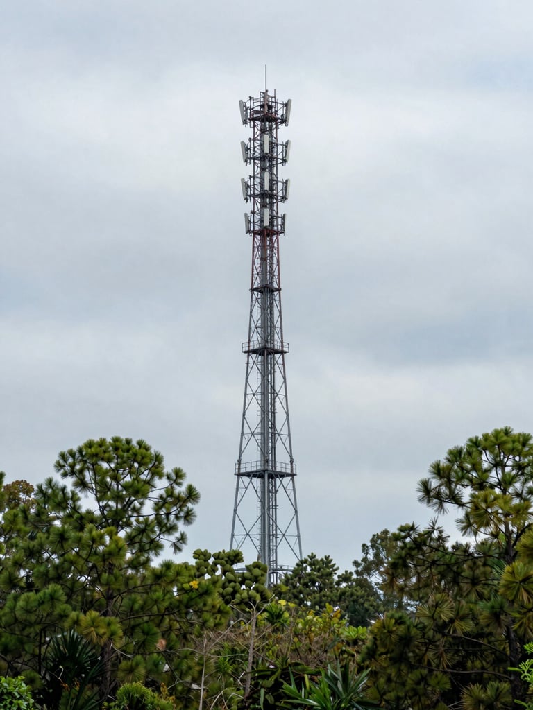 Wide environmental shot of a tall macro cell tower rising above a pine tree line in the Southeast United States, overcast natural daylight, flat grey sky, tower structure and antenna array visible in crisp detail, no people