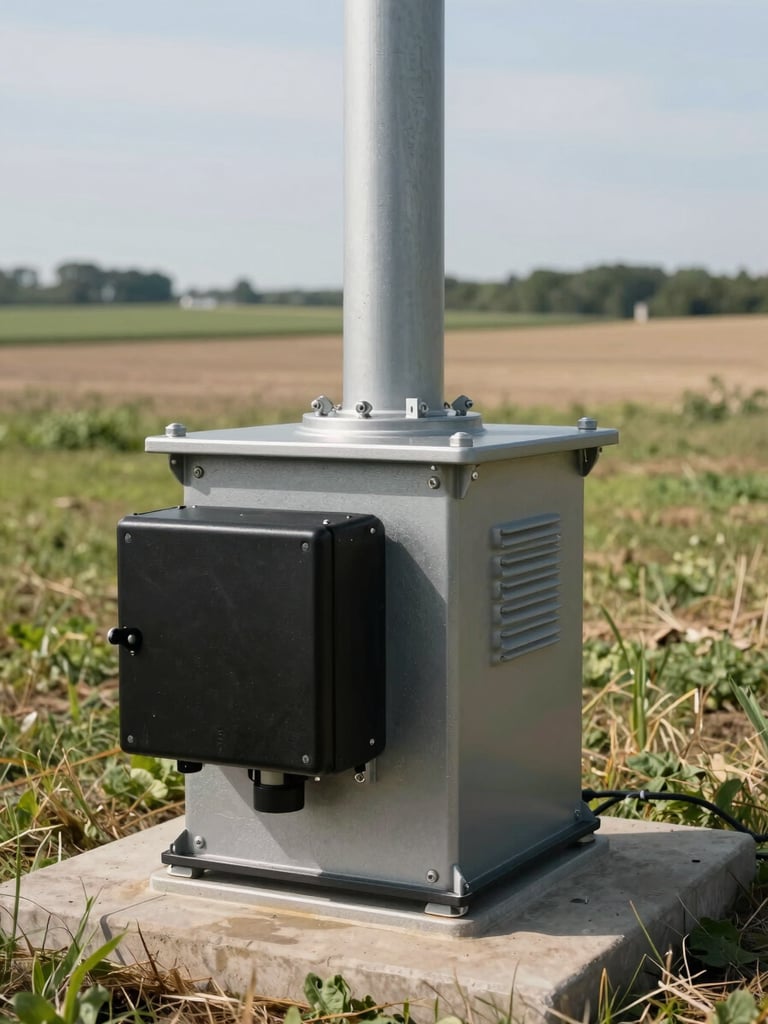 Close-up of ground-level tower base and equipment enclosure on a rural Midwest property, natural daylight, flat light conditions, surrounding agricultural land visible, no people, precise technical detail