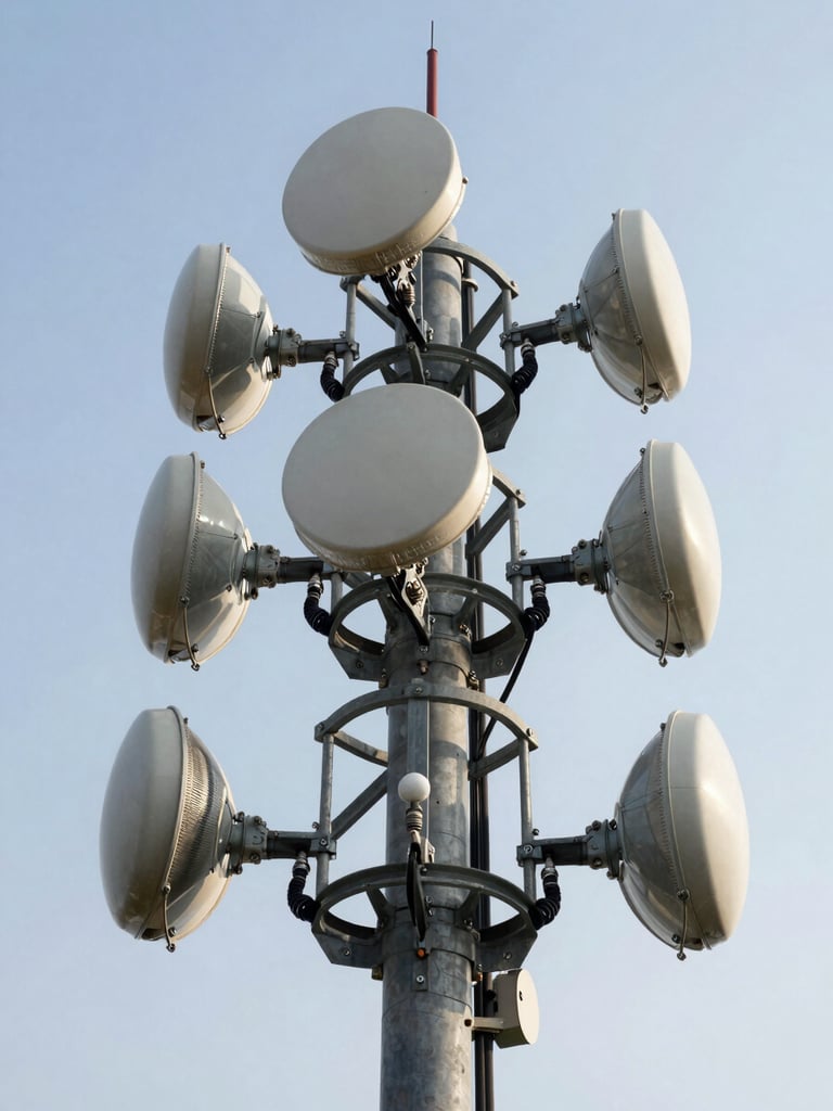 Close ground-level view looking up at antenna arrays mounted on a monopole tower against a clear midday sky, steel mounting hardware and coaxial cables visible, overcast light, no people, industrial precision
