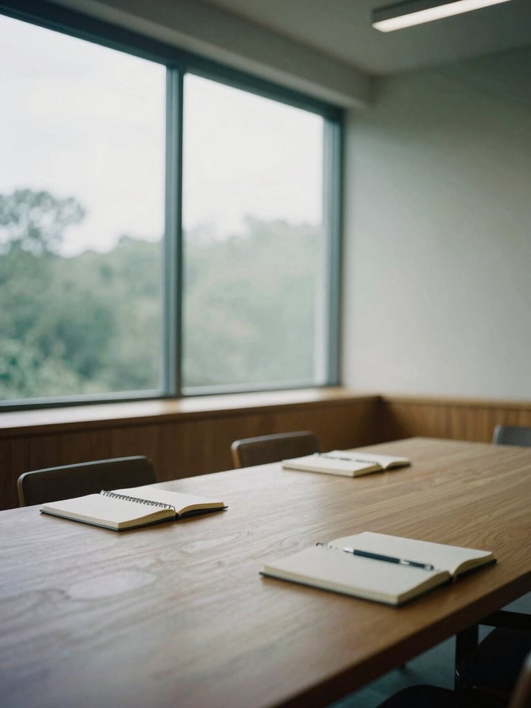 An empty wooden boardroom with large minimalist windows, soft overcast daylight streaming in, an oak table with physical notebooks, medium format film style