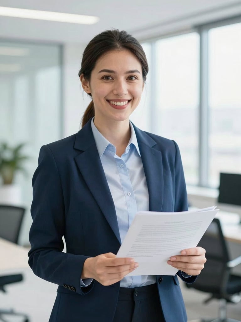A professional Turkish relocation consultant smiling warmly in a bright corporate office in Istanbul, holding a document, soft natural light, professional depth of field