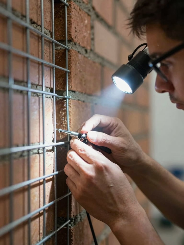 Close-up of a technician installing heavy-duty steel mesh into a brickwork gap, focused headlamp beam lighting, precise clinical execution.