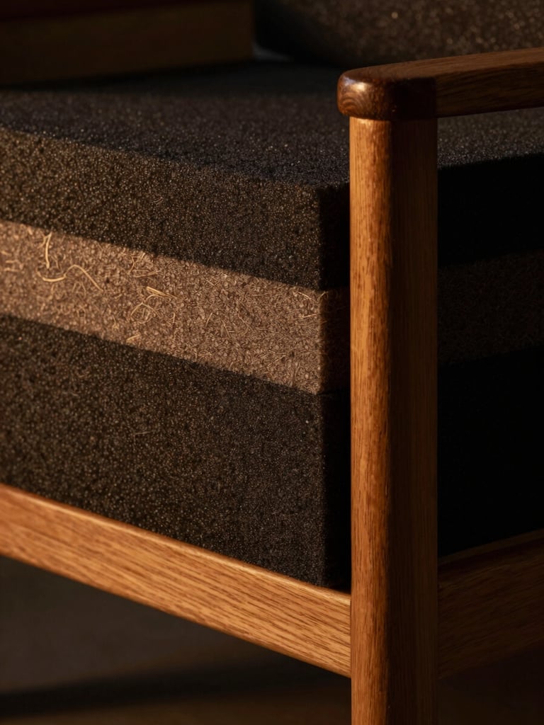 Cross-section of high-resilience foam layers and solid wood frame of an armchair, detailed technical view, warm low-key workshop lighting, 50mm lens