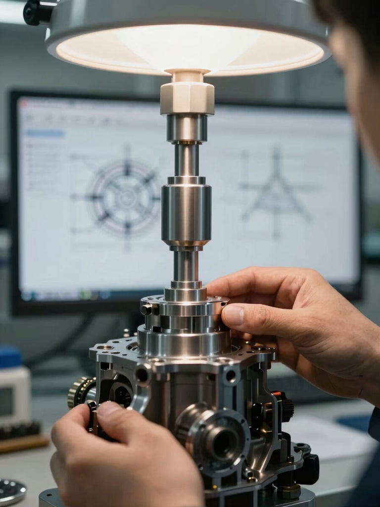 Close-up of a mechanical engineer analyzing a precision automotive component under bright clean-room lighting, technical schematics visible on a monitor in the soft-focus background.