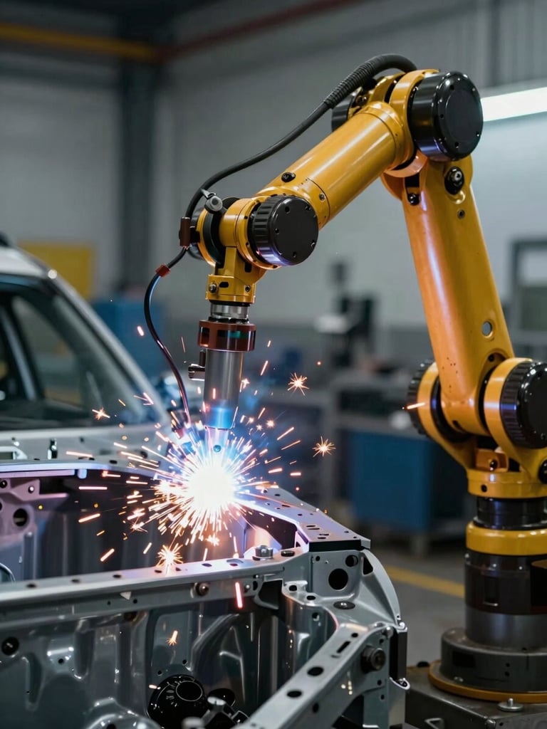 A close-up, high-contrast photograph of a robotic arm welding an automotive chassis, bright safety sparks flying, cool-toned industrial background.