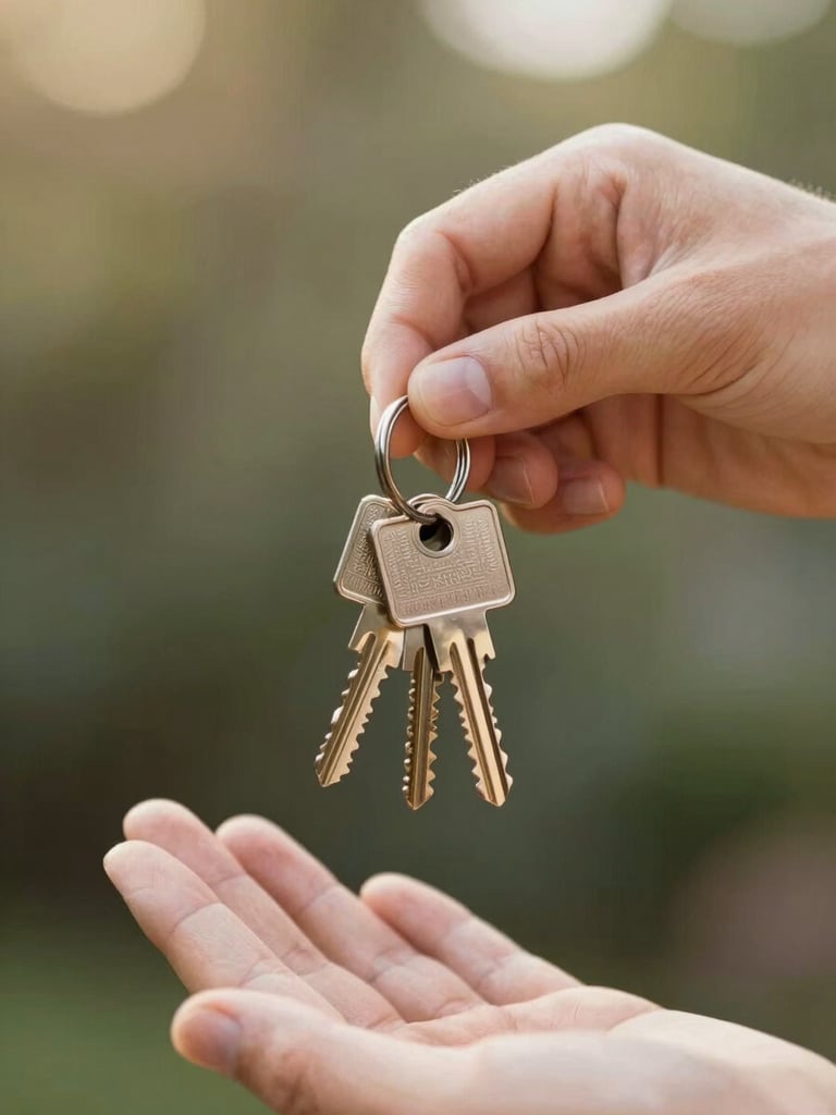Authentic close-up of hands holding house keys with a warm, natural sunlight background, evoking optimism.