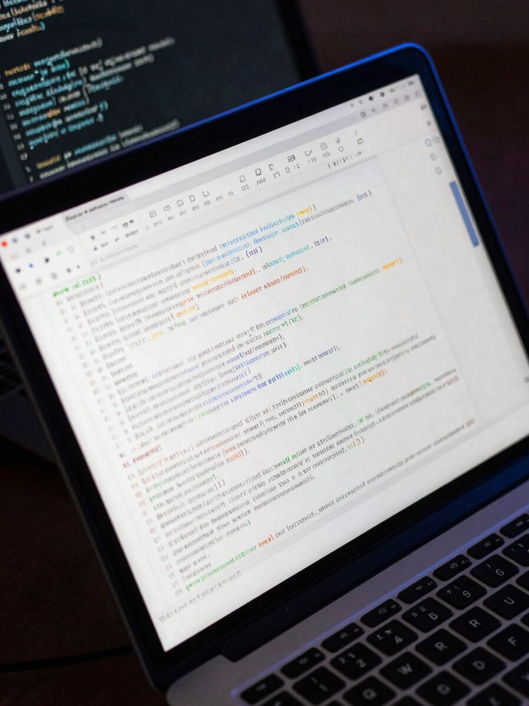 Close-up overhead view of a laptop screen showing a chat interface with dense JSON response data, terminal window reflected in the screen glass, cool blue monitor glow on a dark desk surface