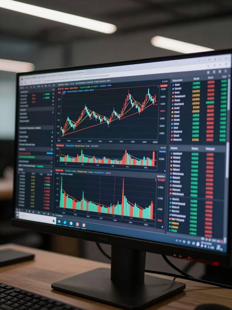 Wide shot of a large monitor displaying a financial analytics dashboard with live candlestick charts and data tables, cool overhead office lighting, shallow depth of field on the screen edge, dark background