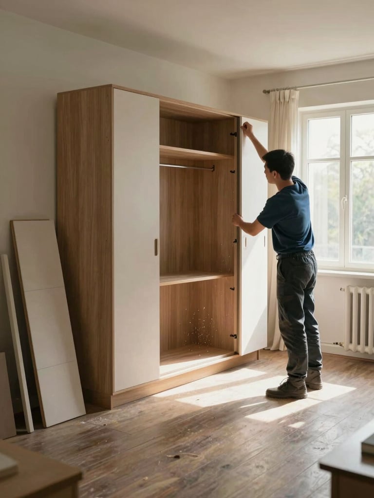 Wide shot inside a living room mid-clearance, crew member dismantling a wardrobe, natural window light from the right, stacked flat-pack furniture pieces leaning against the wall, dust motes visible in the air