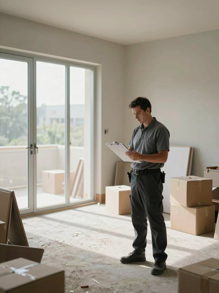 Wide shot of a foreman with a clipboard standing in a half-cleared room, reviewing notes, natural daylight from large sliding doors open to the left, boxes and furniture pieces arranged in the background, methodical order visible