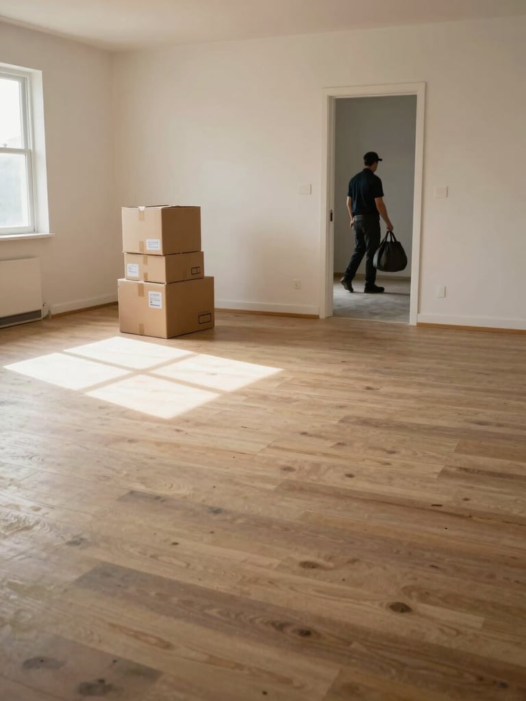 Environmental wide shot of an empty apartment after clearance, bare floorboards catching afternoon window light from the left, a single stack of labelled cardboard boxes near the doorway, crew member visible in background carrying a bag