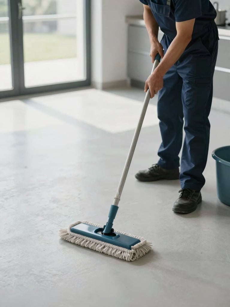 Close-medium shot of a crew member mopping a large empty kitchen floor, natural daylight from a window, clean white surfaces, mop bucket visible to the right, no clutter