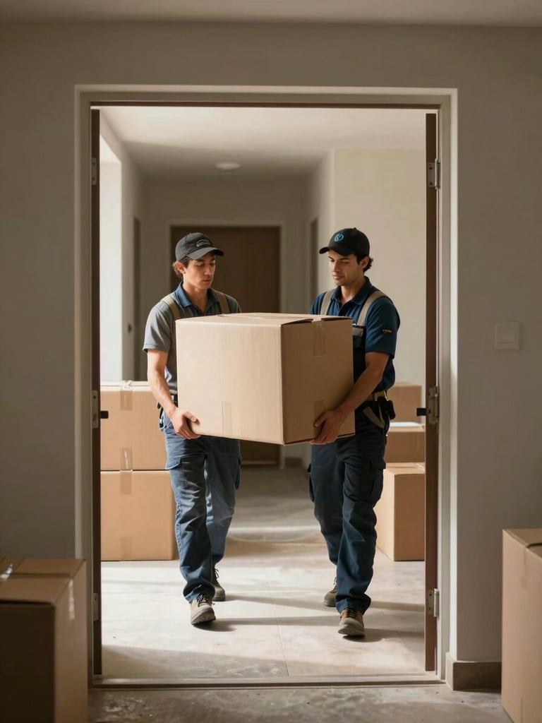 Wide environmental shot of two crew members carrying a heavy cardboard box through a residential doorway, natural daylight streaming from left, hallway visible in background with stacked boxes, warm neutral tones, documentary framing