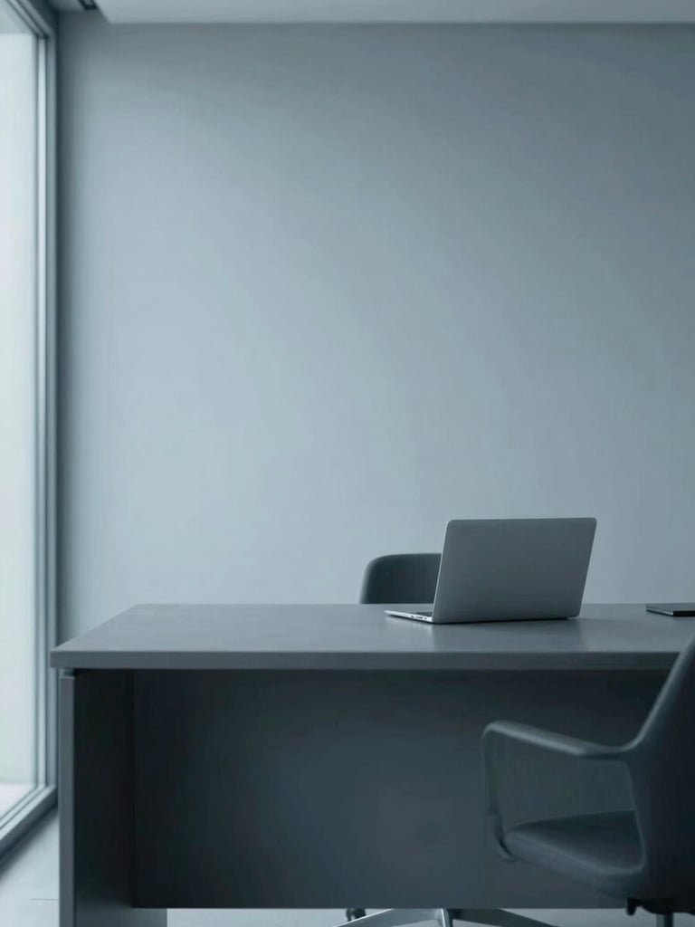 Minimalist modern workspace with clean architectural lines, soft overcast daylight, low-saturation slate blue and charcoal tones, sharp focus, 35mm