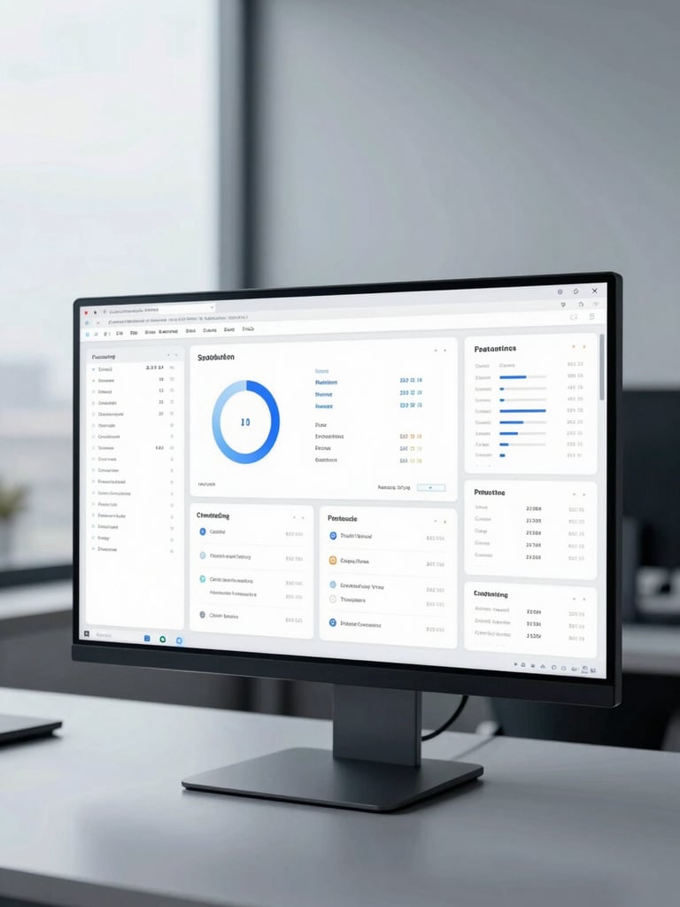 A minimalist, high-resolution monitor displaying complex, clean data dashboards in a cool, diffused office space, soft overcast daylight, sharp focus, 35mm
